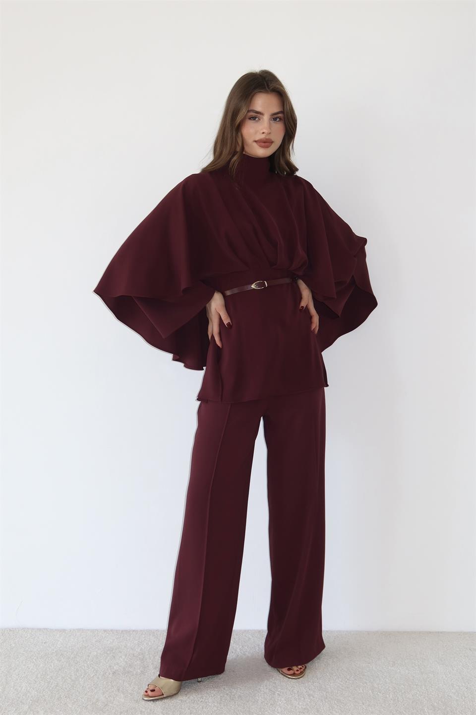 Pelerinli Pantolonlu Takım - Bordo