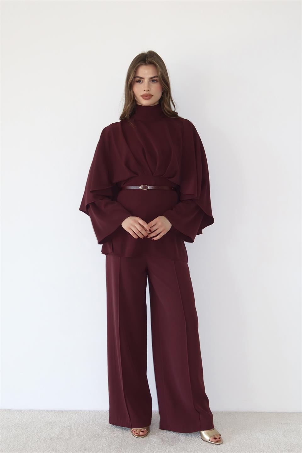 Pelerinli Pantolonlu Takım - Bordo