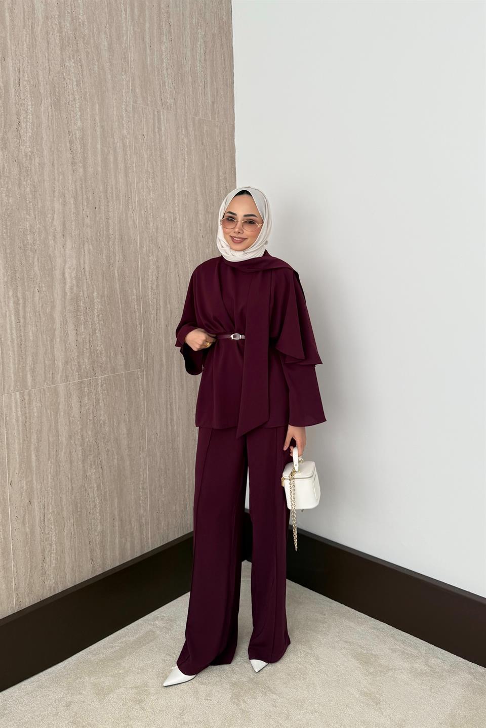 Pelerinli Pantolonlu Takım - Mürdüm