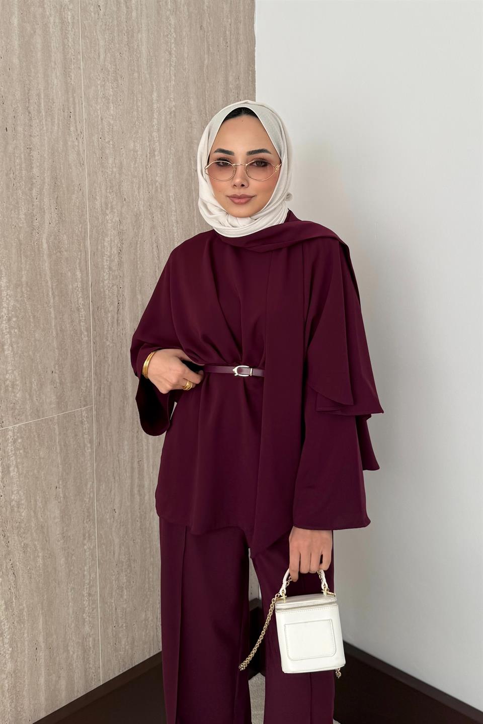 Pelerinli Pantolonlu Takım - Mürdüm