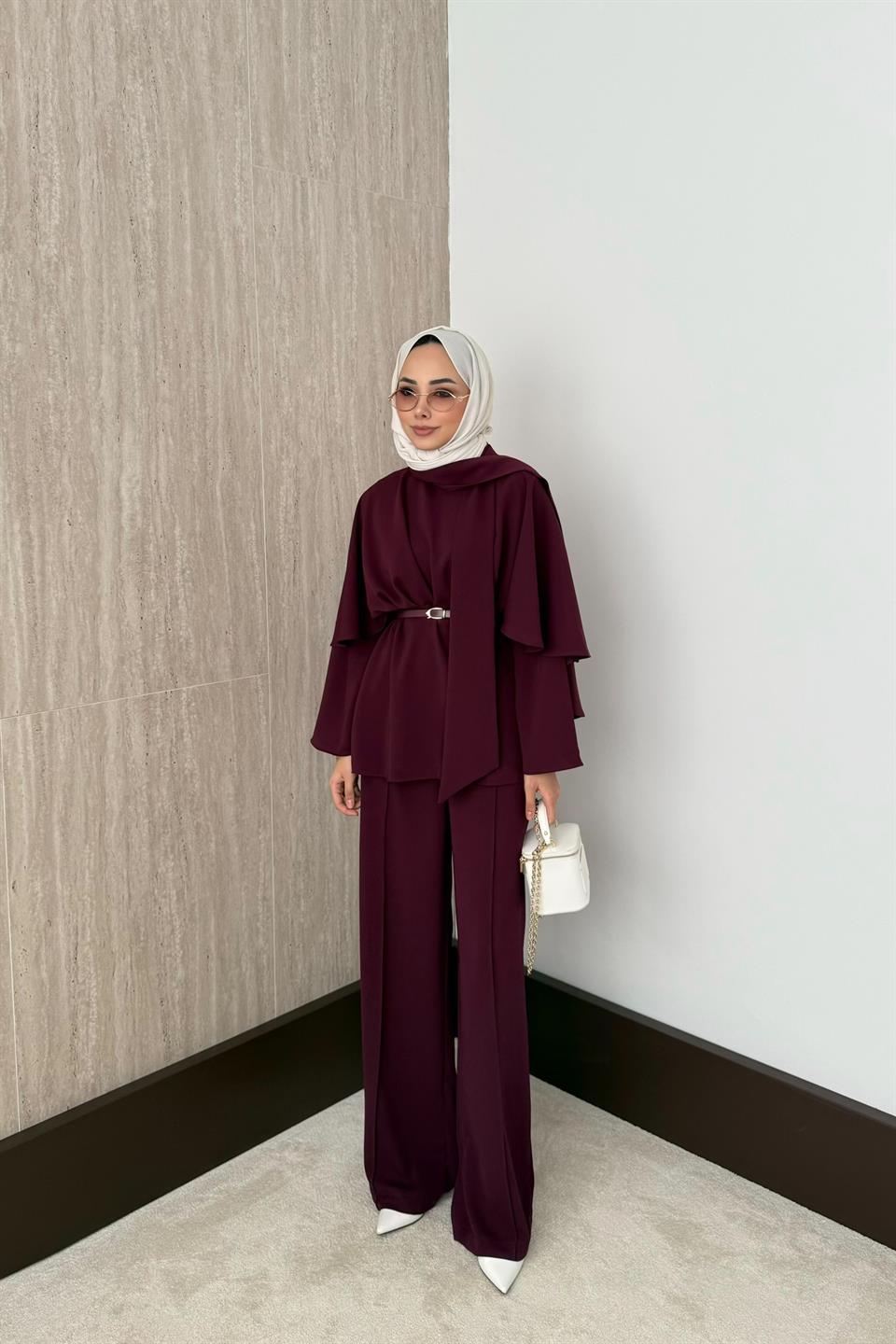 Pelerinli Pantolonlu Takım - Mürdüm