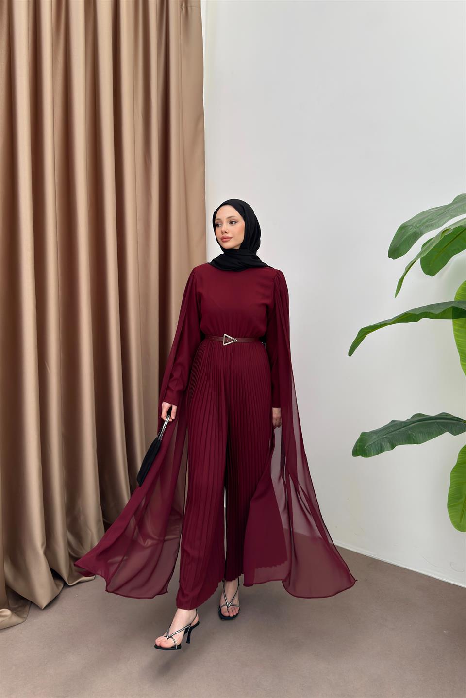 Pleated Jumpsuit with Cape- Burgundy