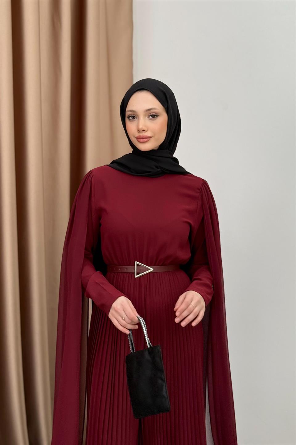 Pleated Jumpsuit with Cape- Burgundy