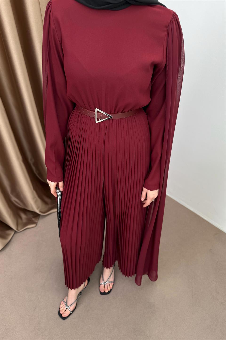 Pleated Jumpsuit with Cape- Burgundy