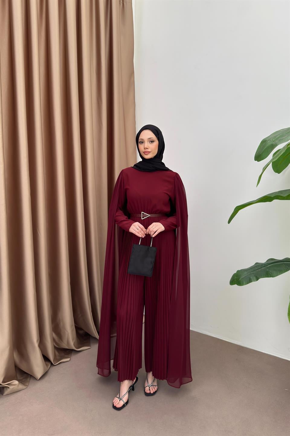 Pleated Jumpsuit with Cape- Burgundy