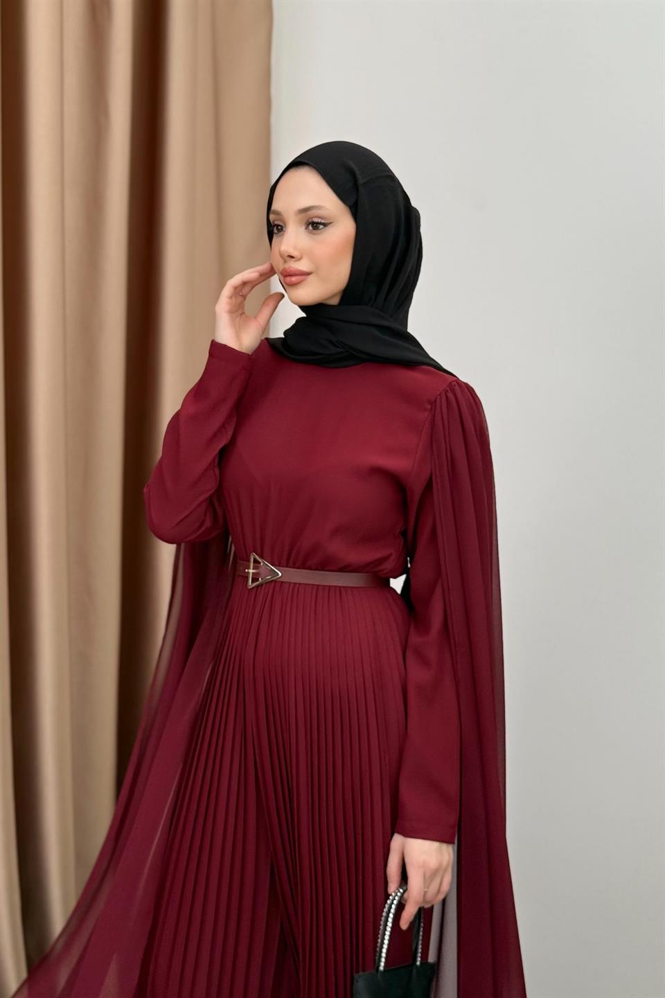 Pleated Jumpsuit with Cape- Burgundy