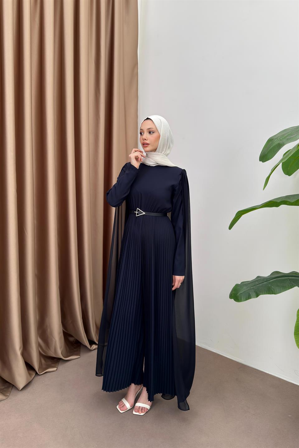 Pleated Jumpsuit with Cape - Navy blue