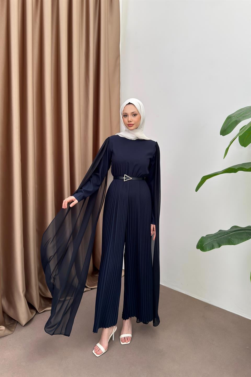 Pleated Jumpsuit with Cape - Navy blue