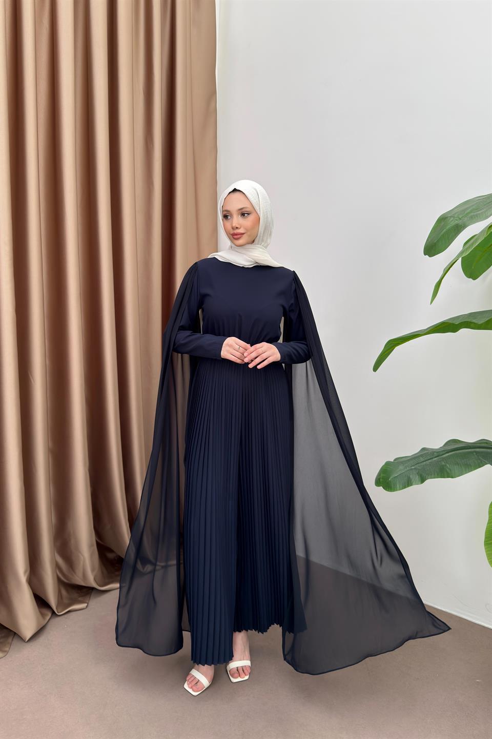 Pleated Jumpsuit with Cape - Navy blue