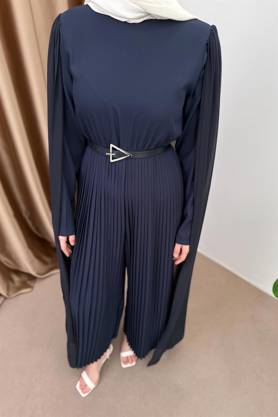 Pleated Jumpsuit with Cape - Navy blue