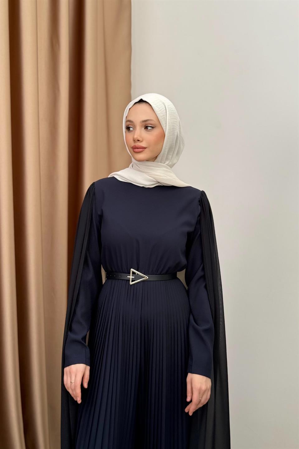 Pleated Jumpsuit with Cape - Navy blue