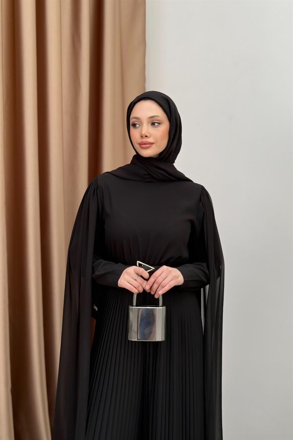 Pleated Jumpsuit with Cape - Black