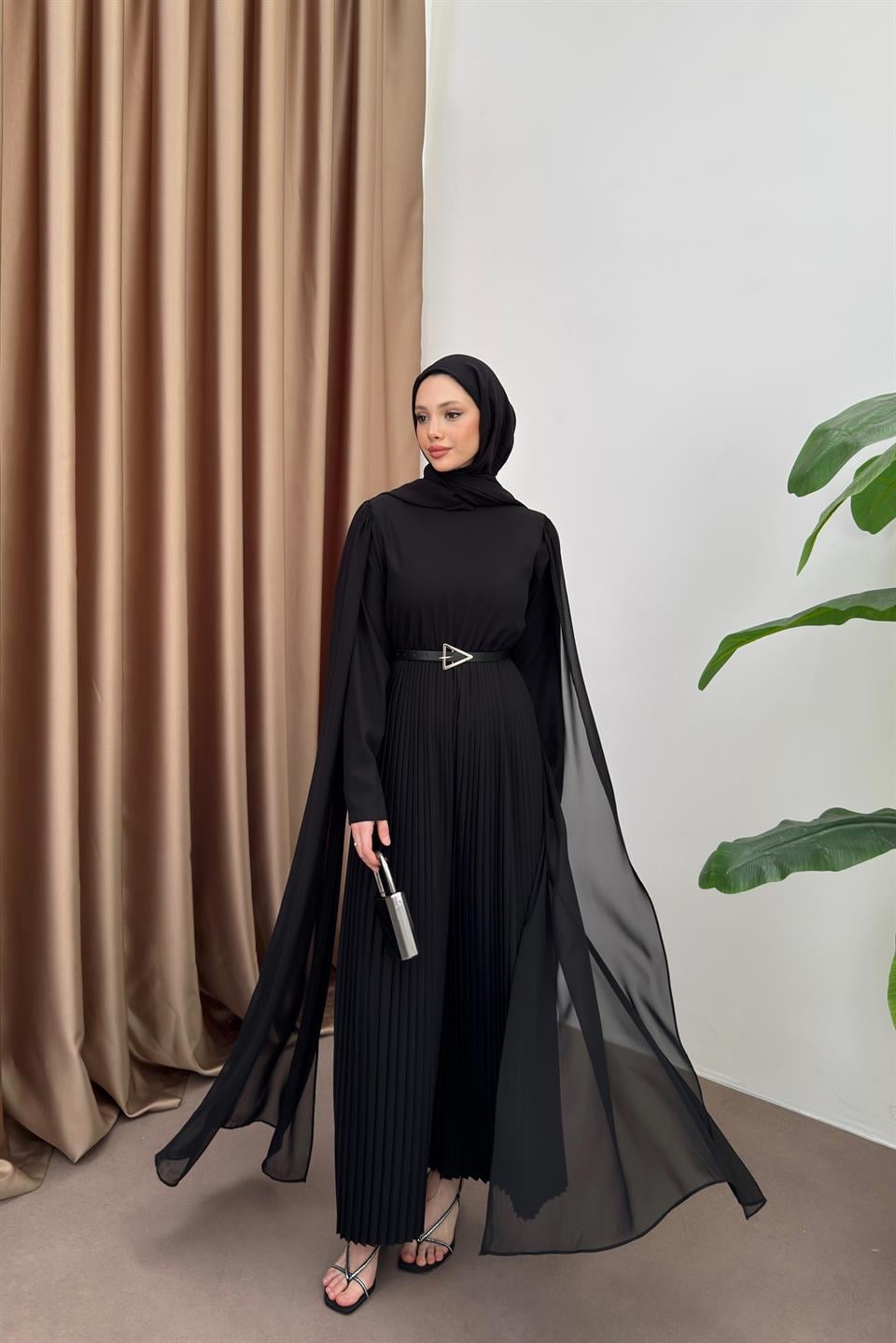 Pleated Jumpsuit with Cape - Black