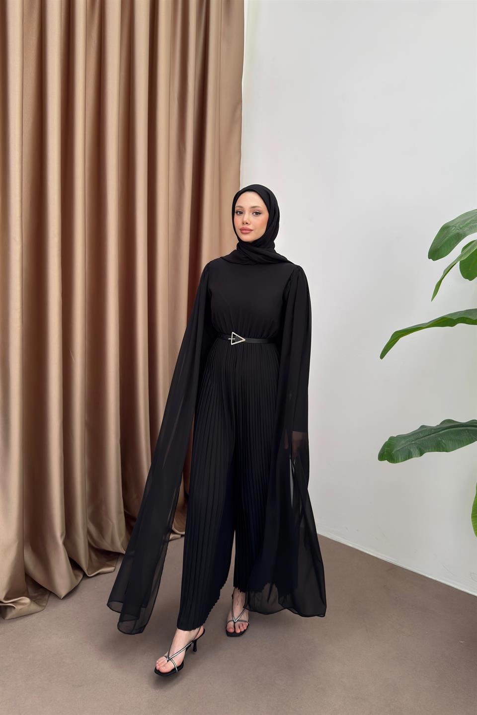Pleated Jumpsuit with Cape - Black