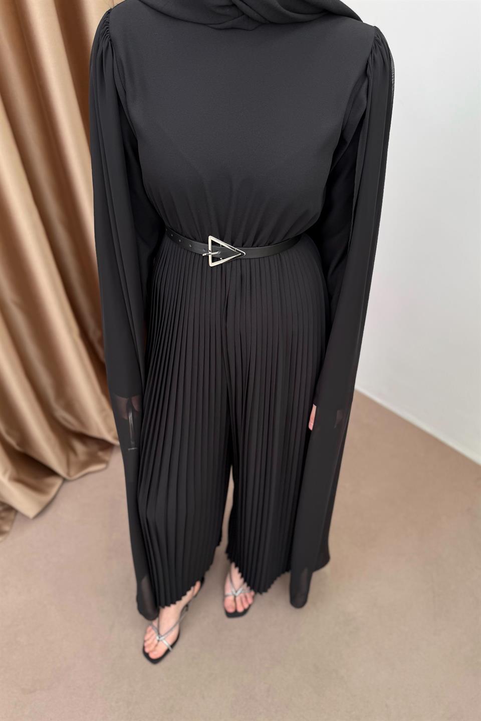 Pleated Jumpsuit with Cape - Black