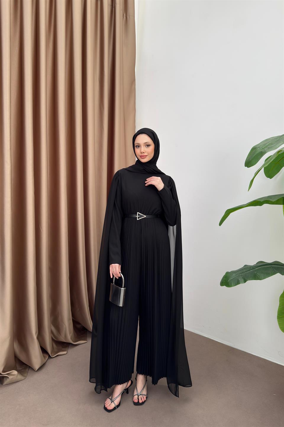 Pleated Jumpsuit with Cape - Black