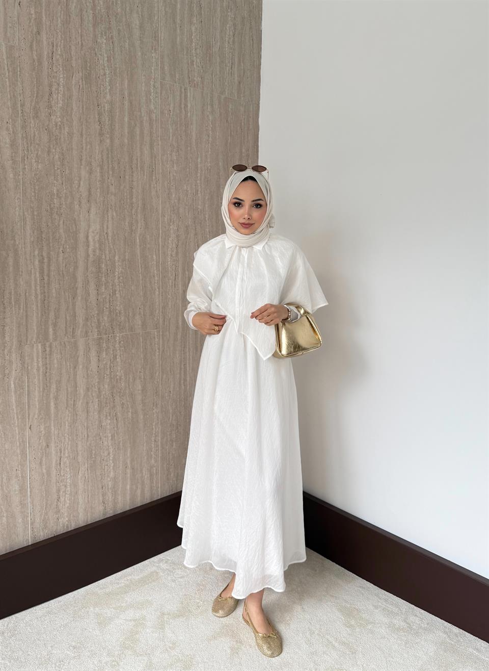 Pelerinli Vual Elbise - Beyaz