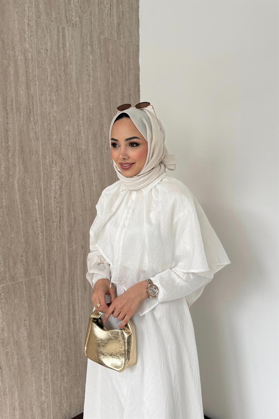 Pelerinli Vual Elbise - Beyaz