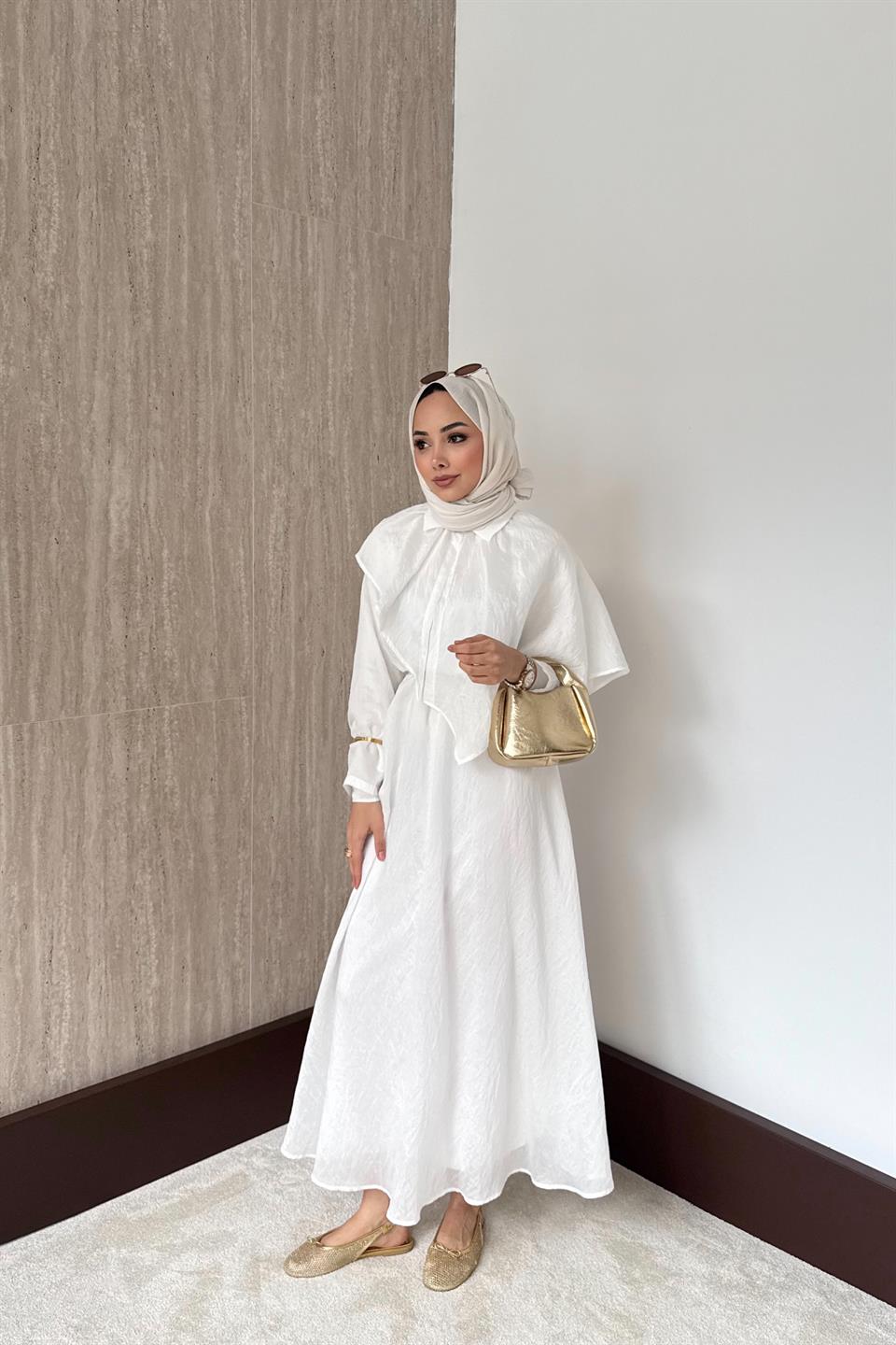 Pelerinli Vual Elbise - Beyaz