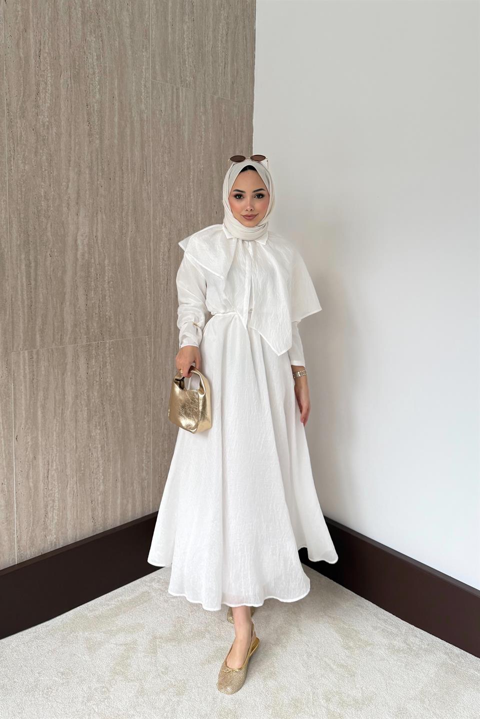 Pelerinli Vual Elbise - Beyaz