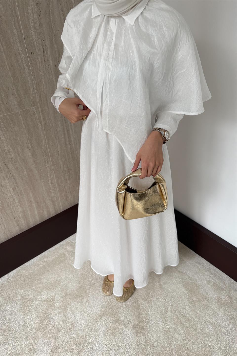 Pelerinli Vual Elbise - Beyaz