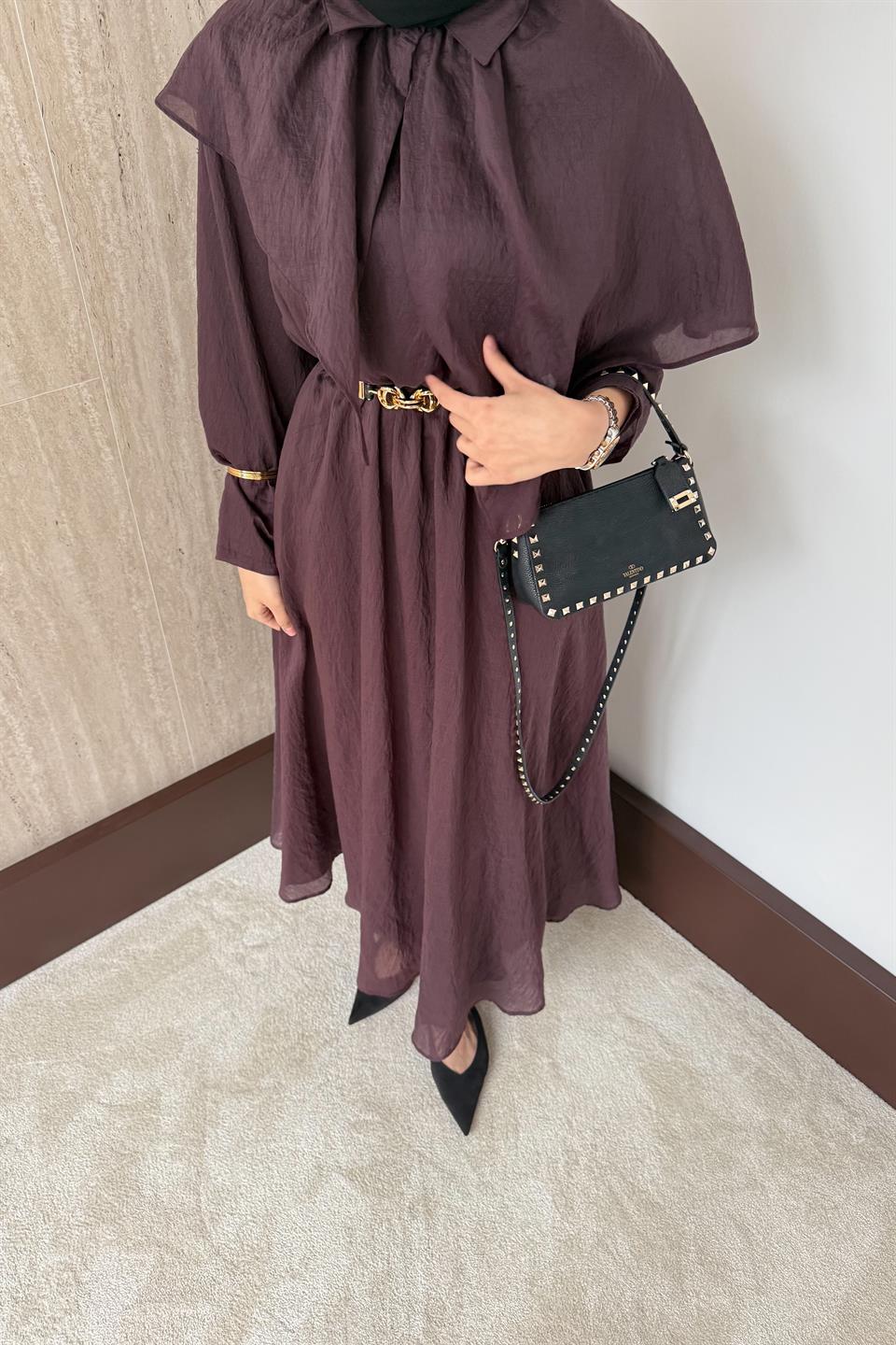 Pelerinli Vual Elbise - Mürdüm