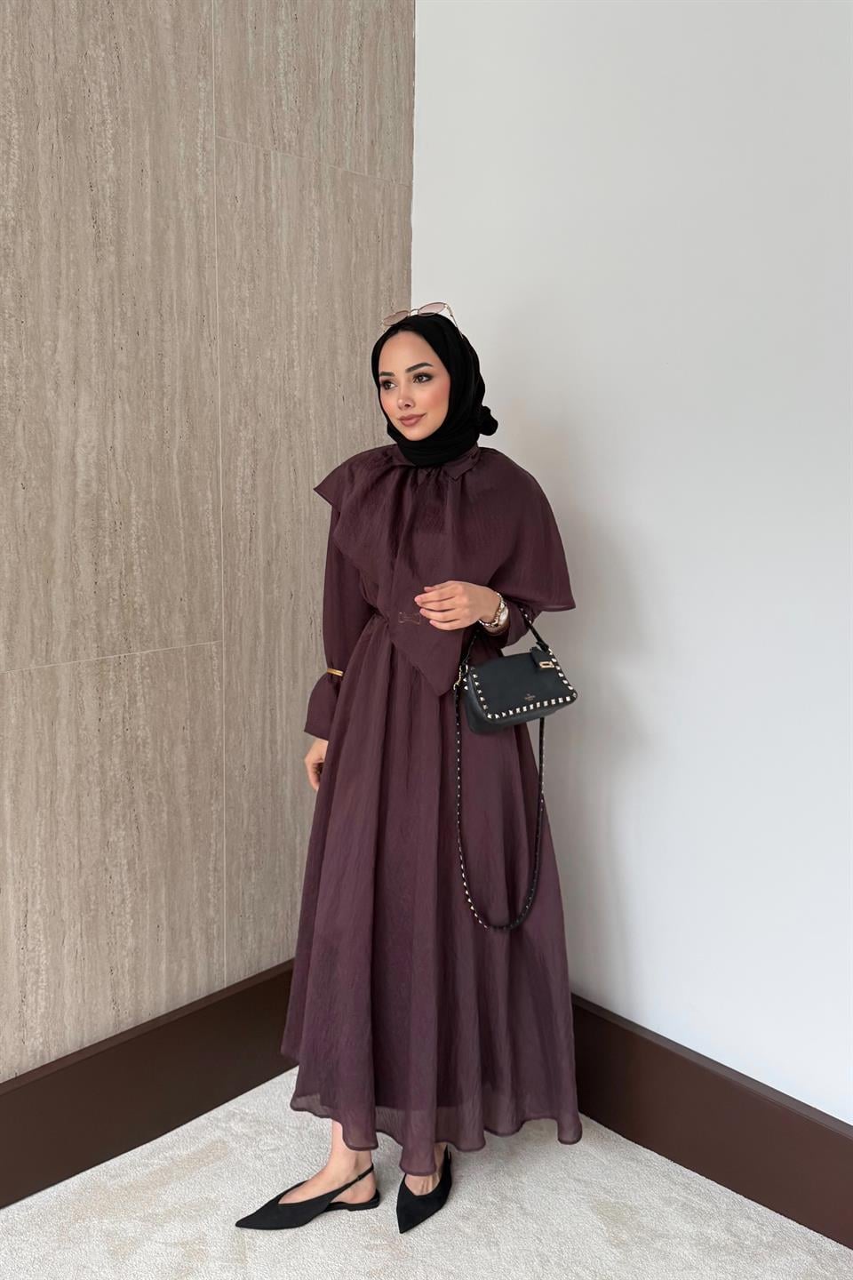 Pelerinli Vual Elbise - Mürdüm