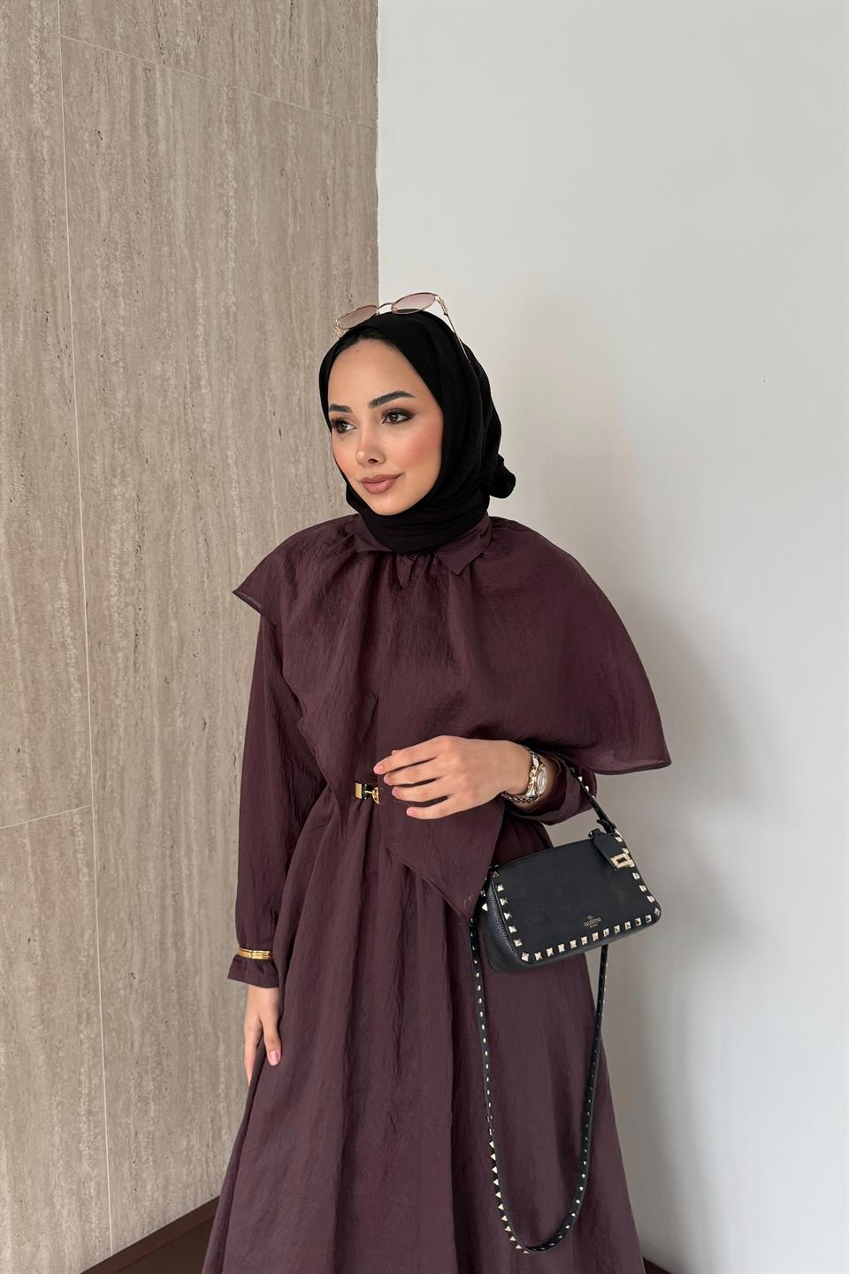 Pelerinli Vual Elbise - Mürdüm