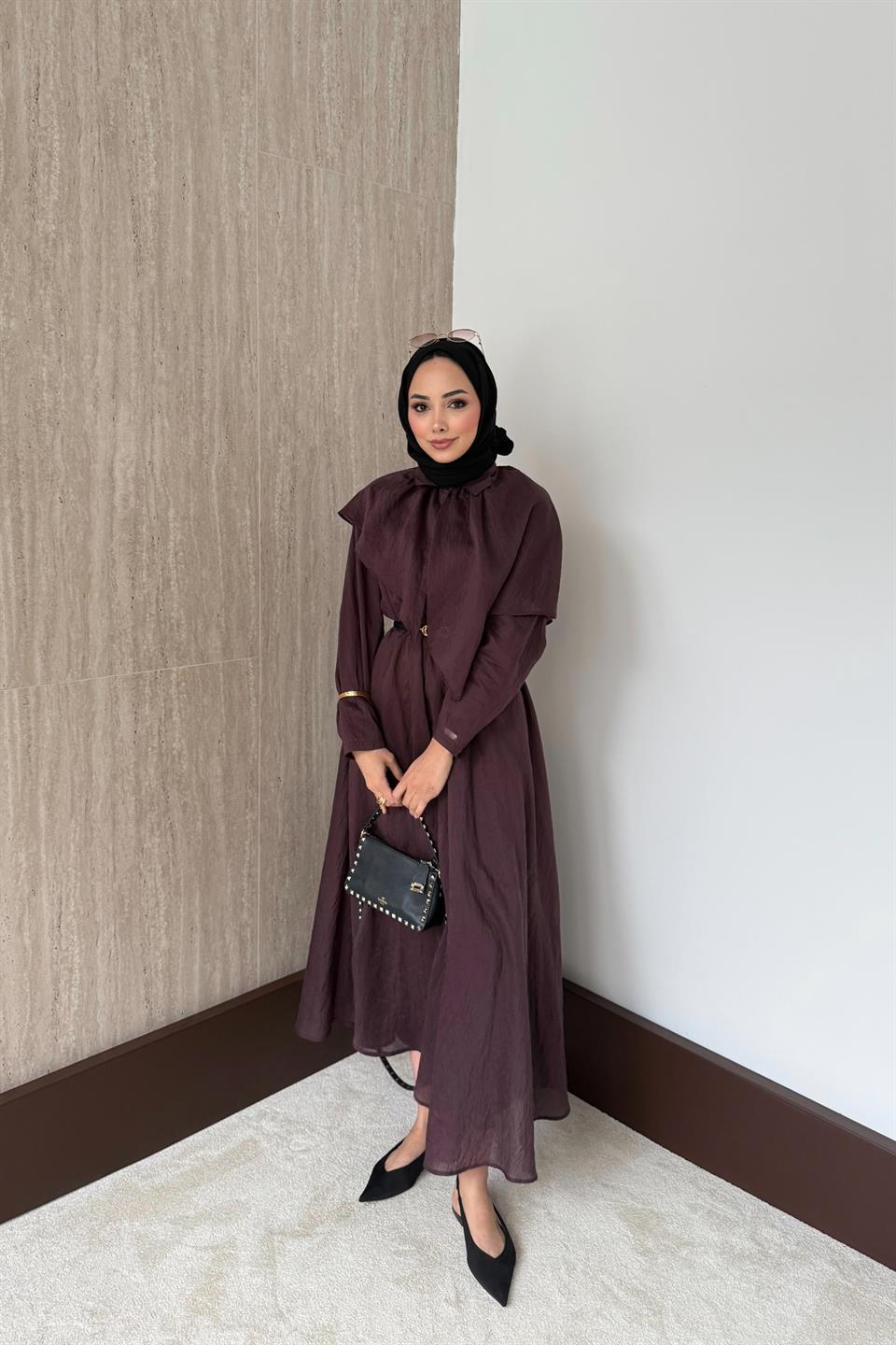 Pelerinli Vual Elbise - Mürdüm