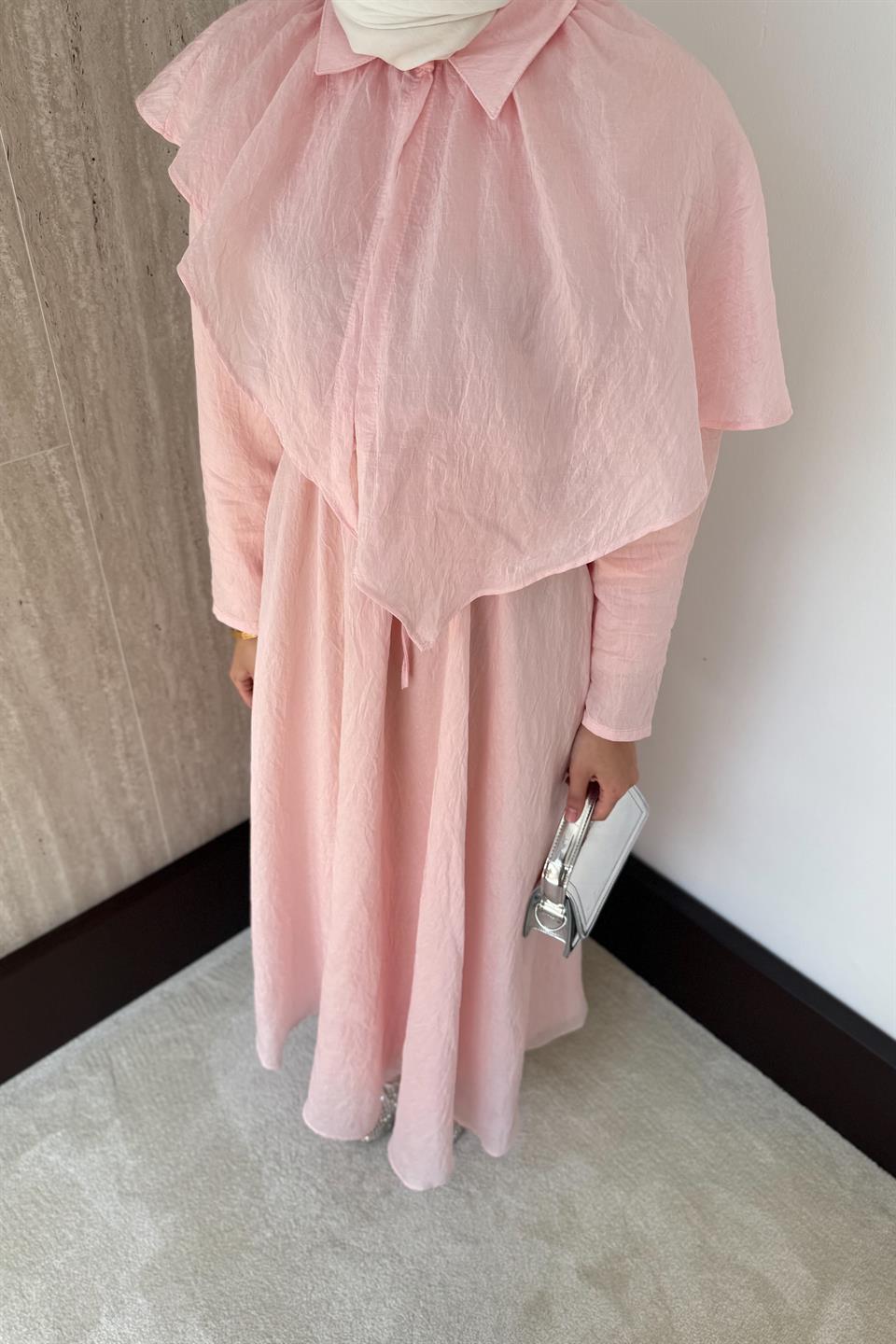 Pelerinli Vual Elbise - Pembe