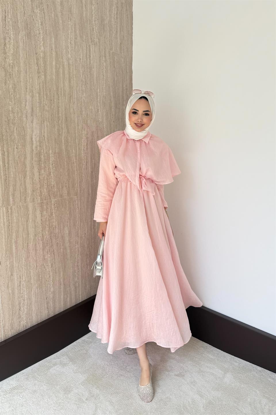 Pelerinli Vual Elbise - Pembe