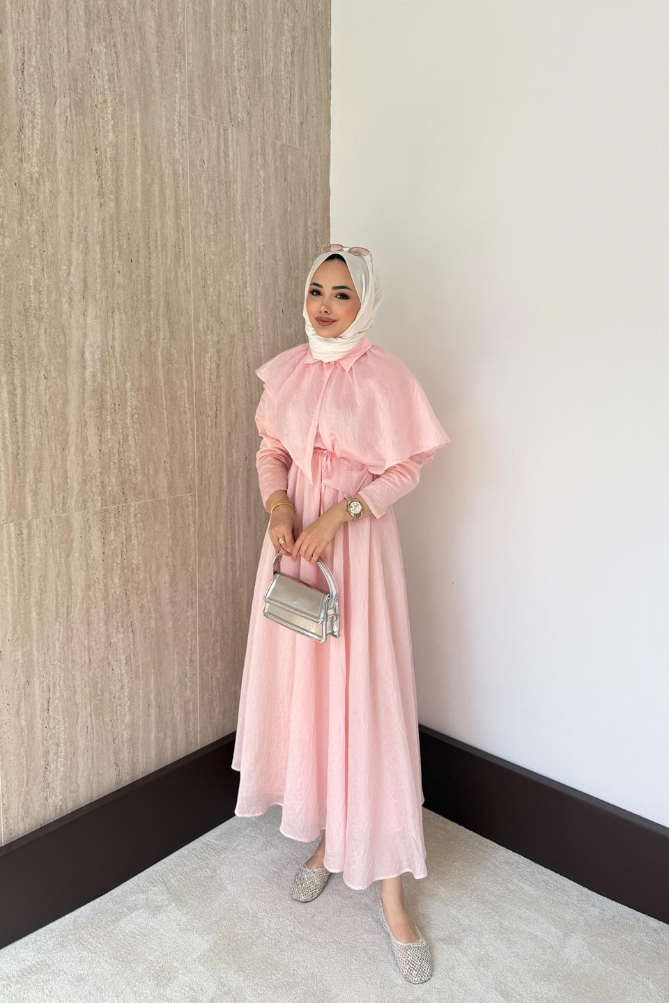 Pelerinli Vual Elbise - Pembe