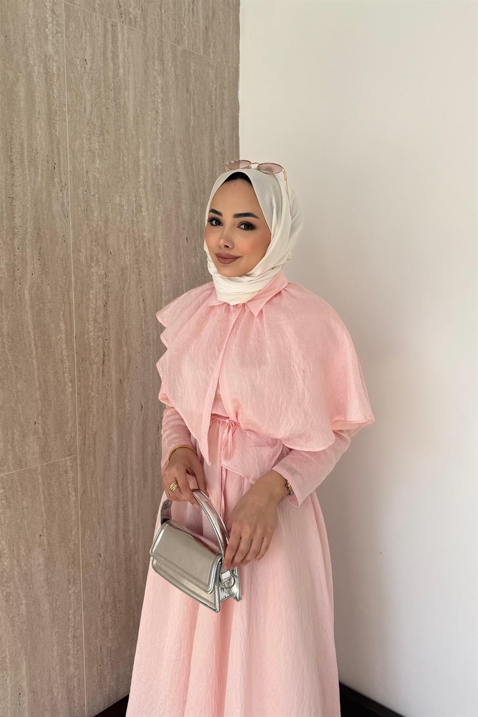 Pelerinli Vual Elbise - Pembe