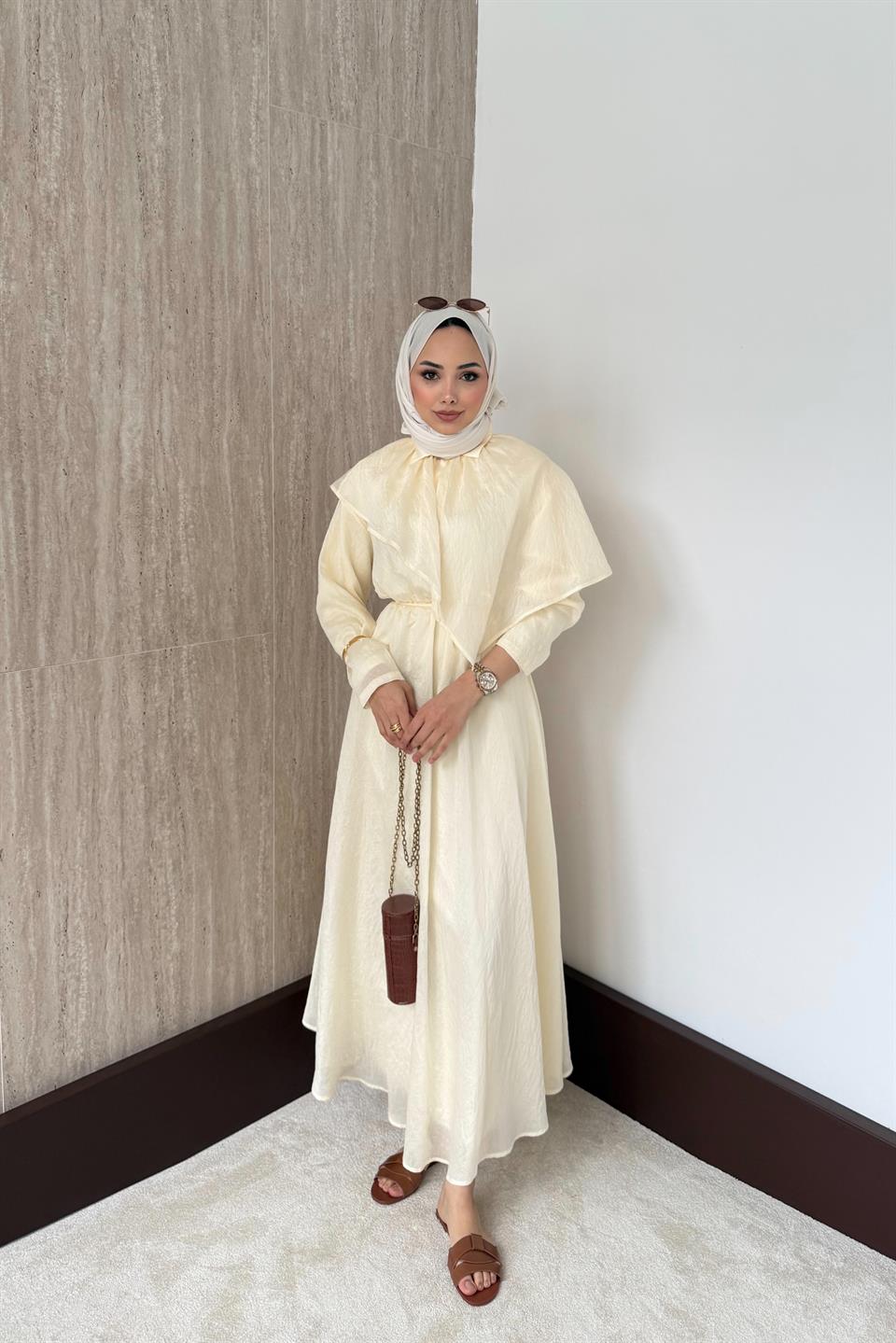 Pelerinli Vual Elbise - Sarı