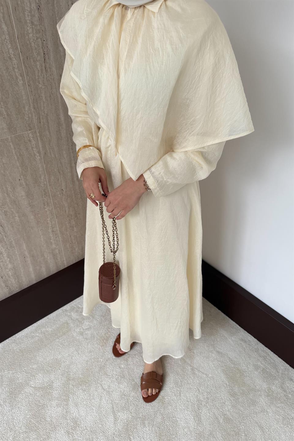 Pelerinli Vual Elbise - Sarı