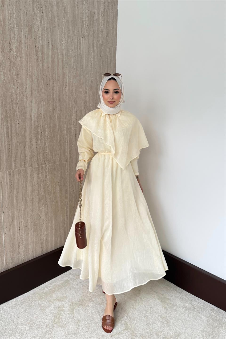 Pelerinli Vual Elbise - Sarı