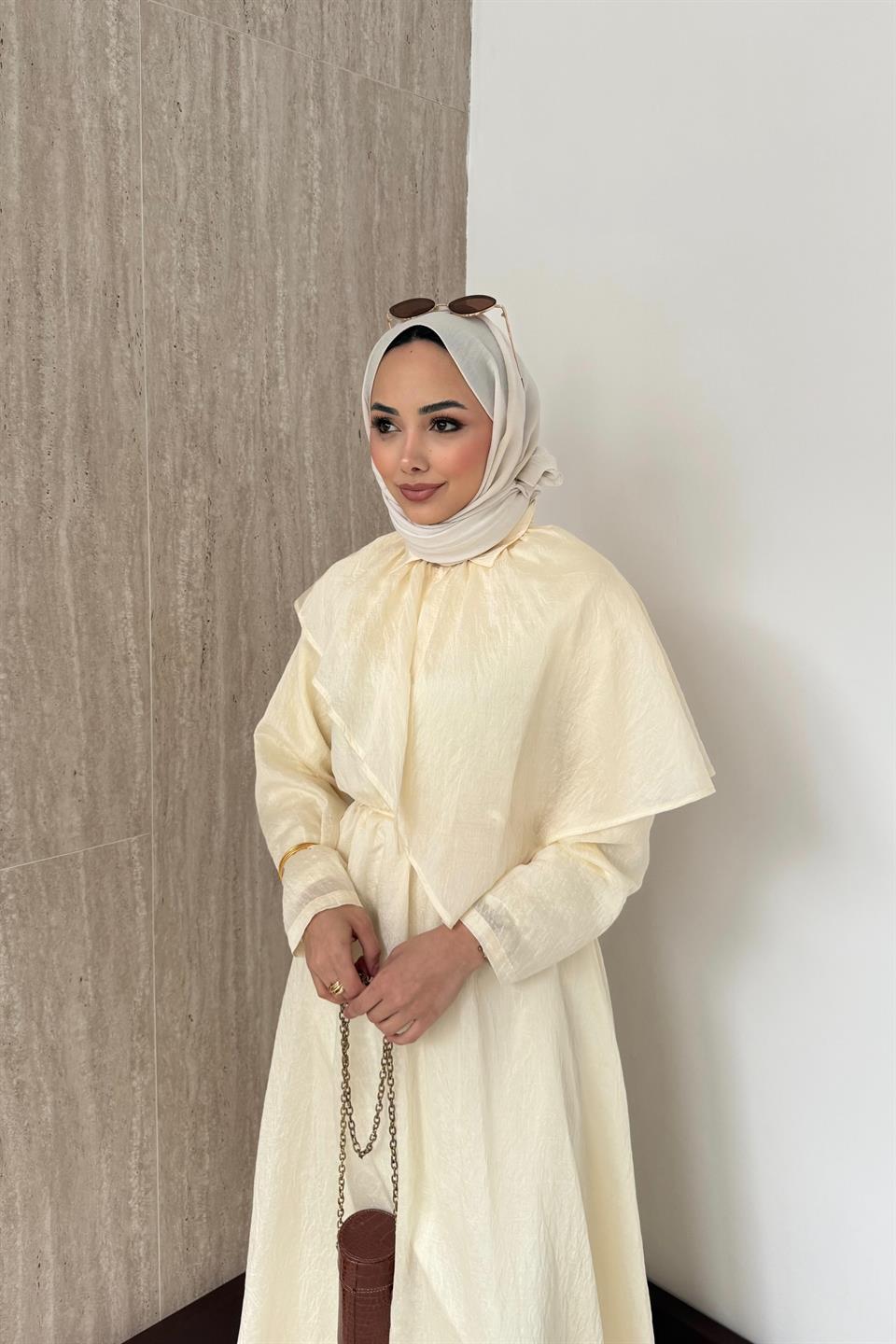 Pelerinli Vual Elbise - Sarı