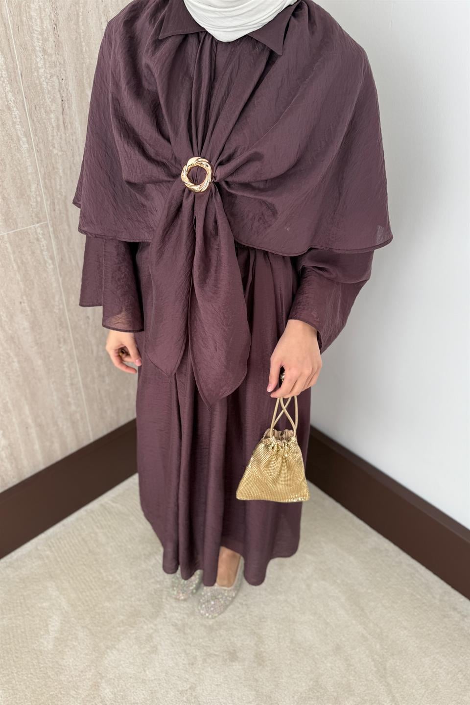 Pelerinli Vual Etekli Takım - Mürdüm