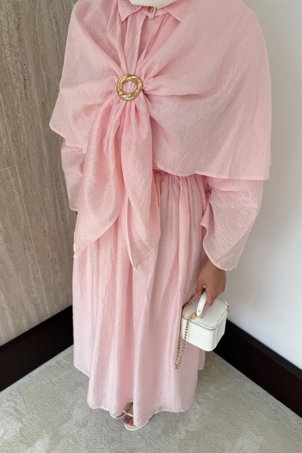 Pelerinli Vual Etekli Takım - Pembe