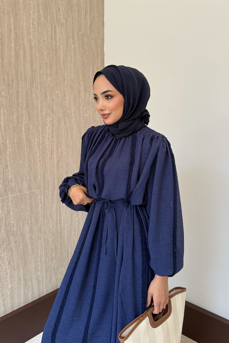 Peluş Şeritli Keten Elbise - Lacivert
