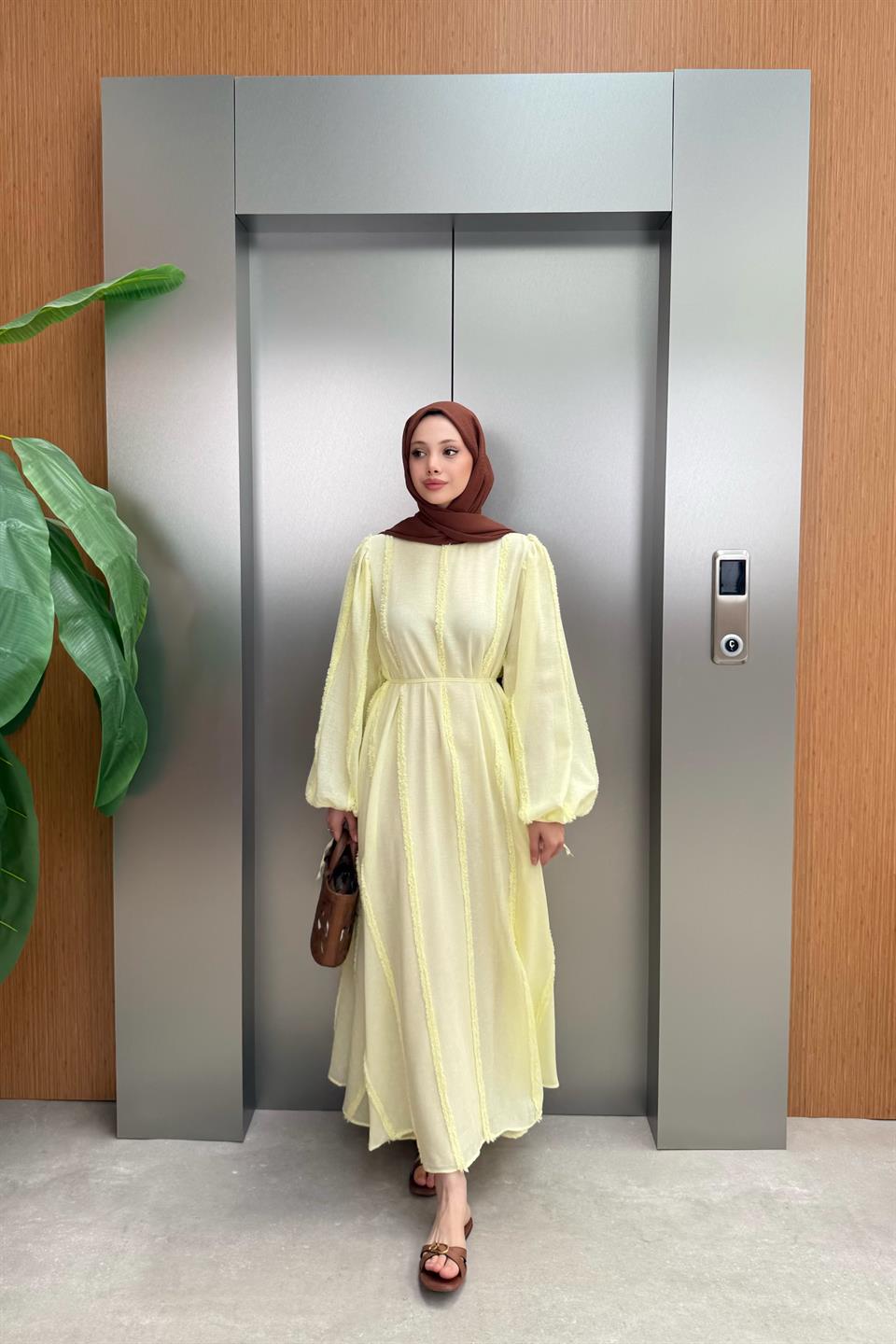 Plush Striped Linen Dress - Yellow