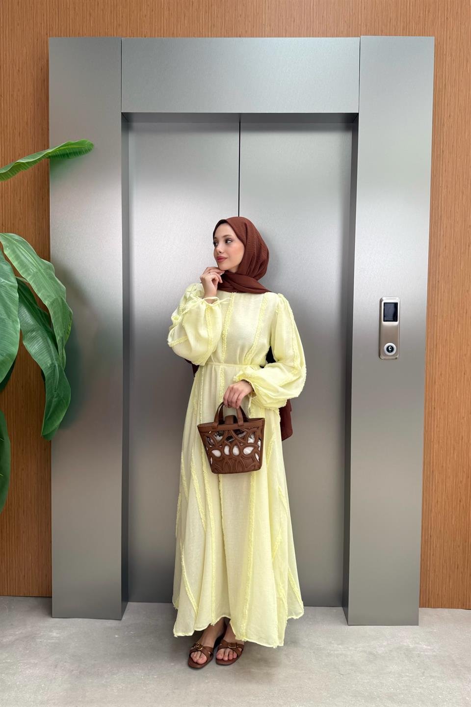 Plush Striped Linen Dress - Yellow