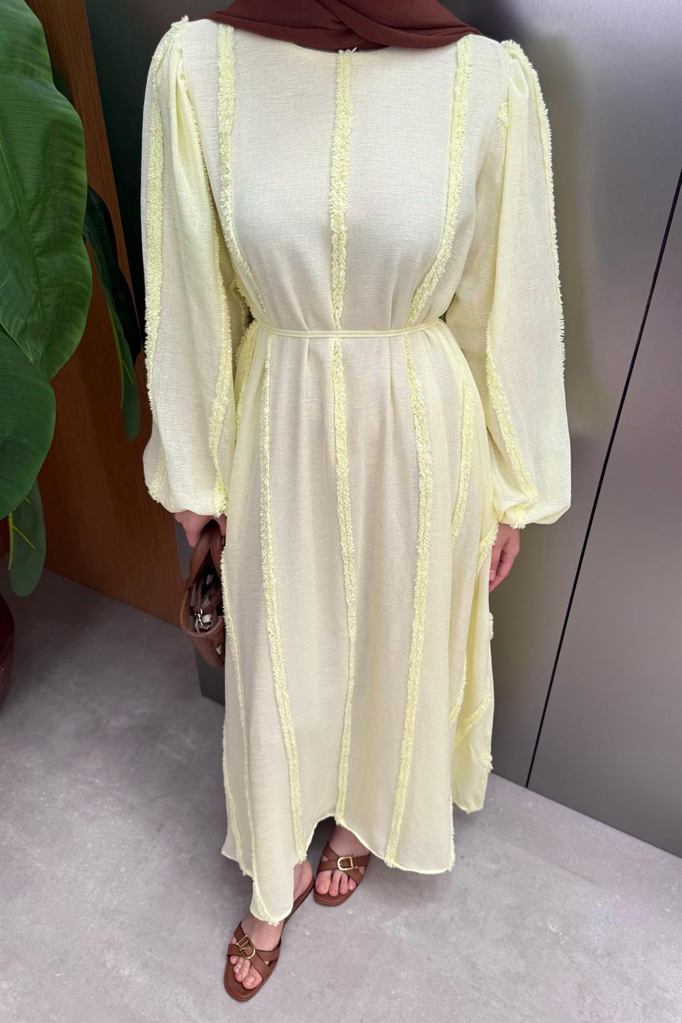 Plush Striped Linen Dress - Yellow