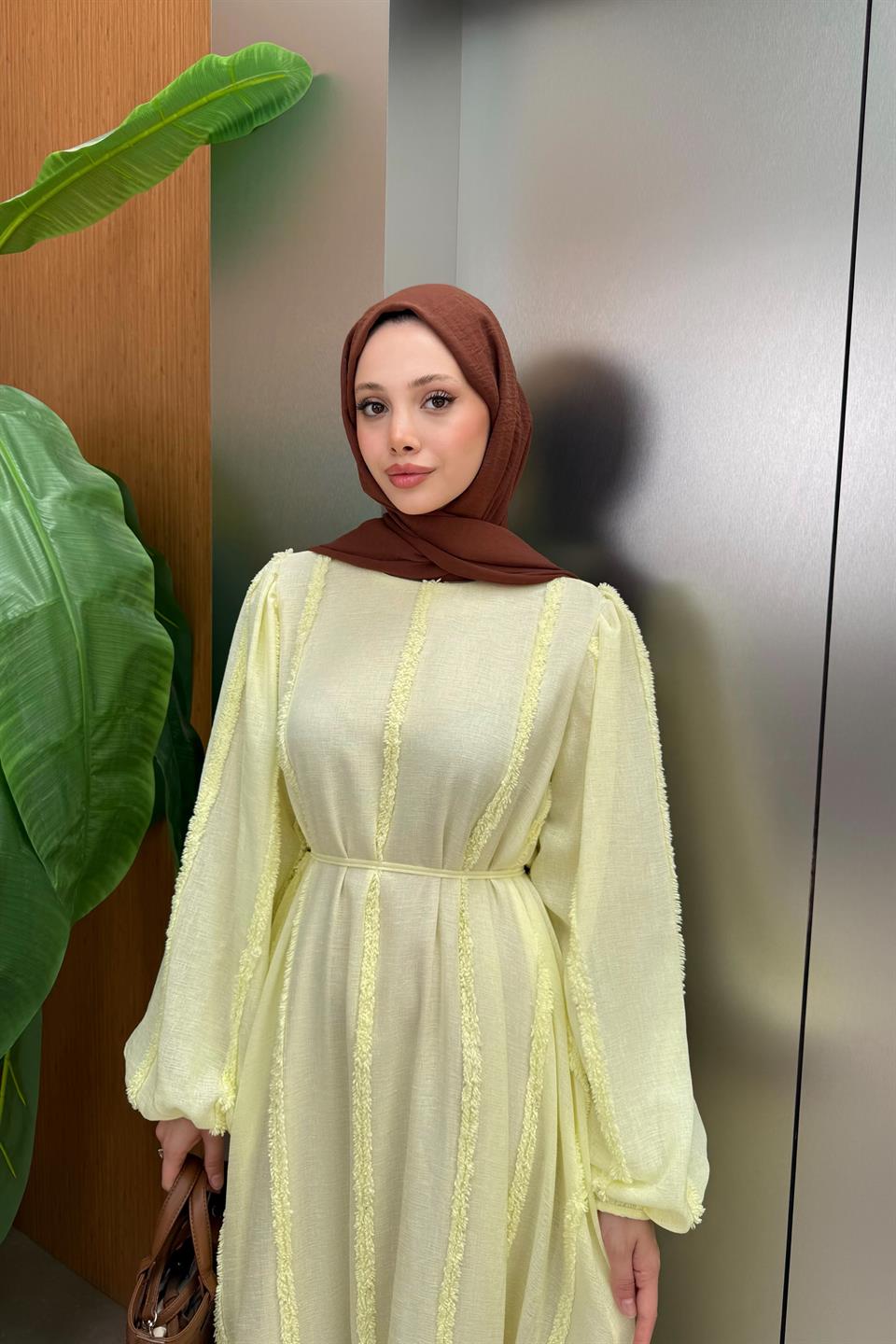 Plush Striped Linen Dress - Yellow