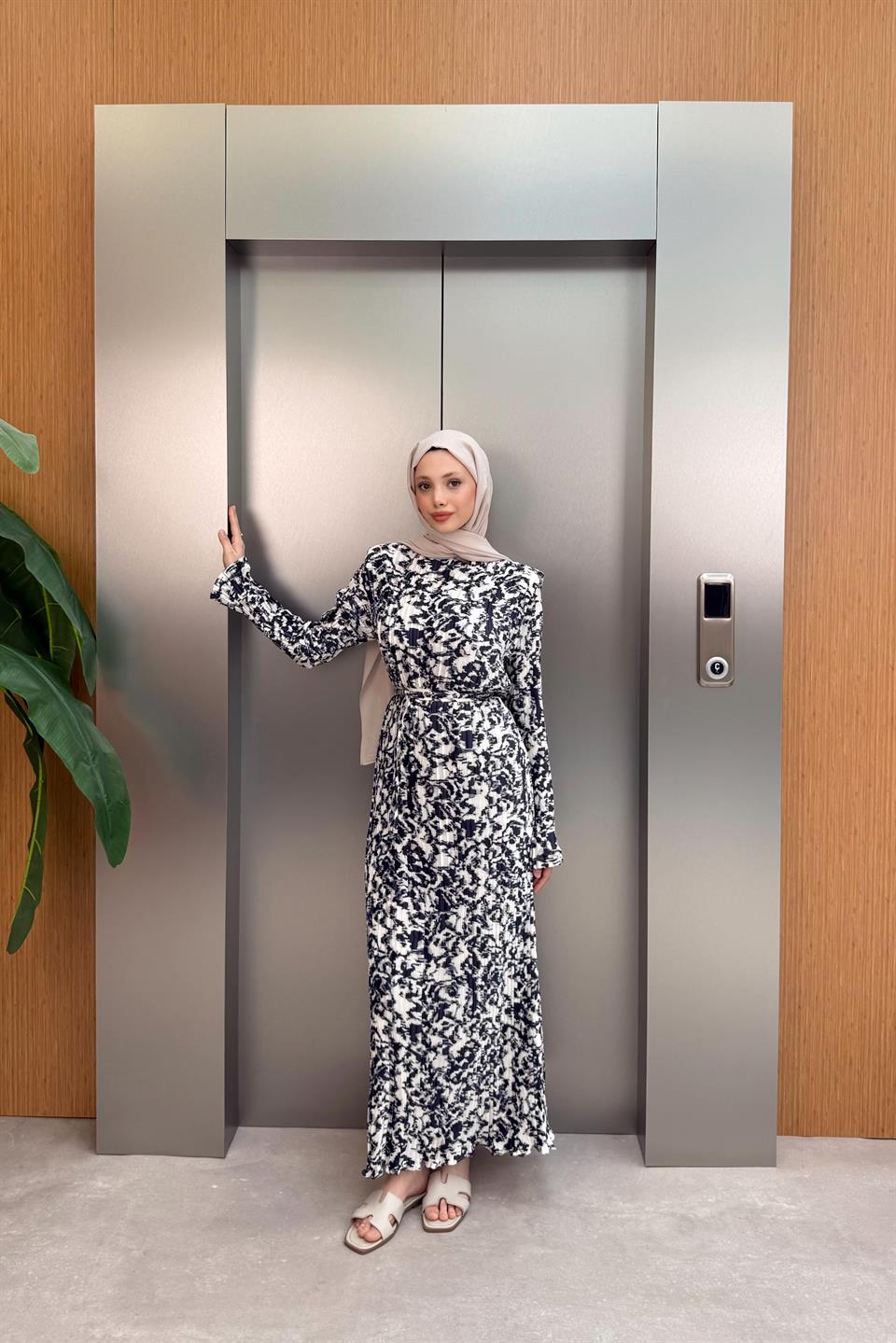 Pleated Satin Dress - Navy Blue