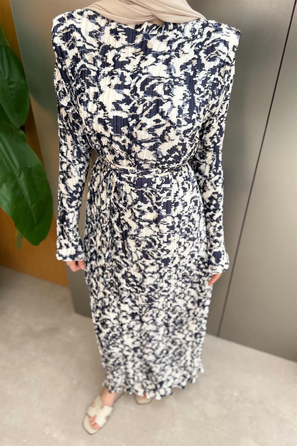 Pleated Satin Dress - Navy Blue