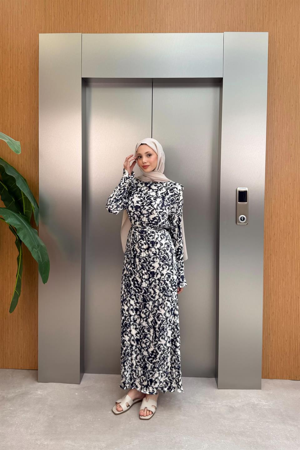 Pleated Satin Dress - Navy Blue