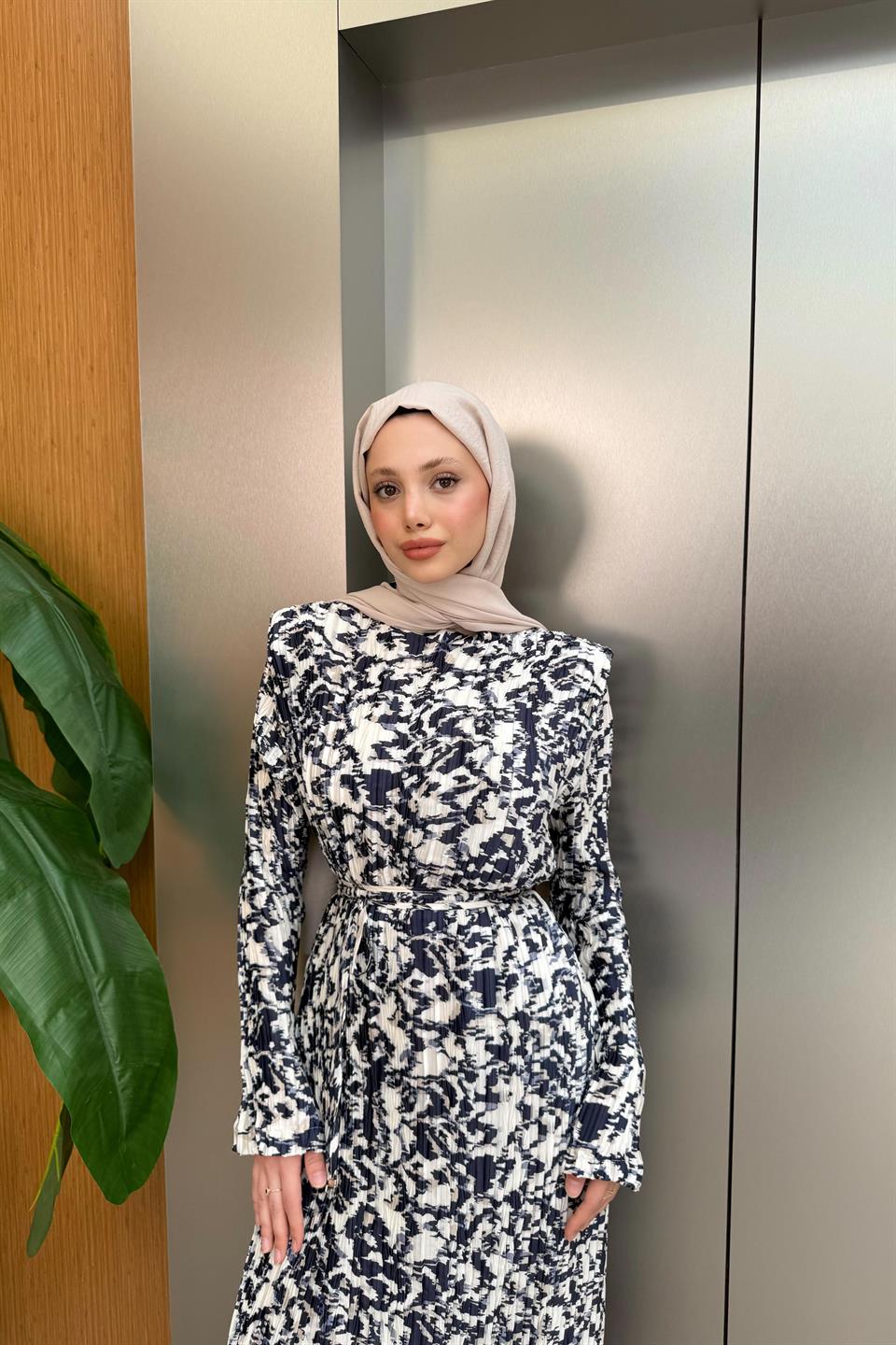 Pleated Satin Dress - Navy Blue