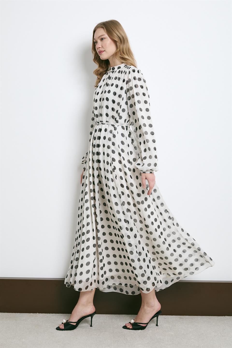 Puantiye Desenli Şifon Elbise - Ekru