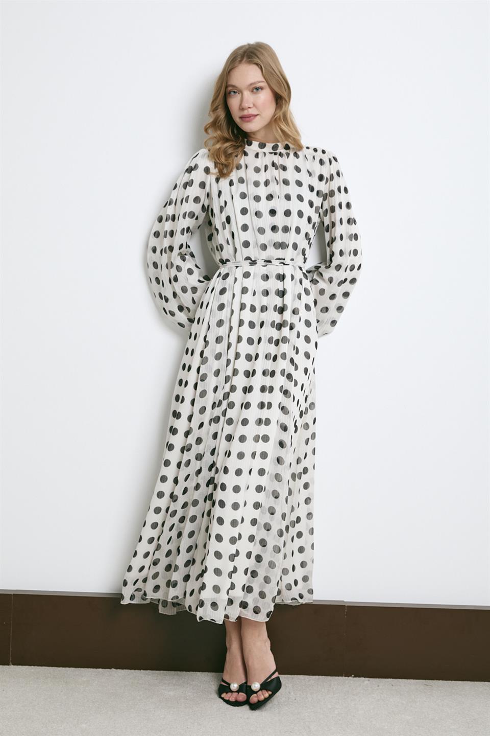 Puantiye Desenli Şifon Elbise - Ekru